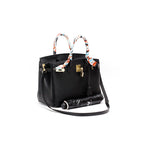 Genuine Leather Twist Lock Handbag with Gold Hardware and Pockets for Women