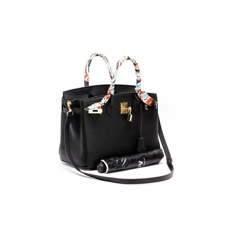 Genuine Leather Twist Lock Handbag with Gold Hardware and Pockets for Women