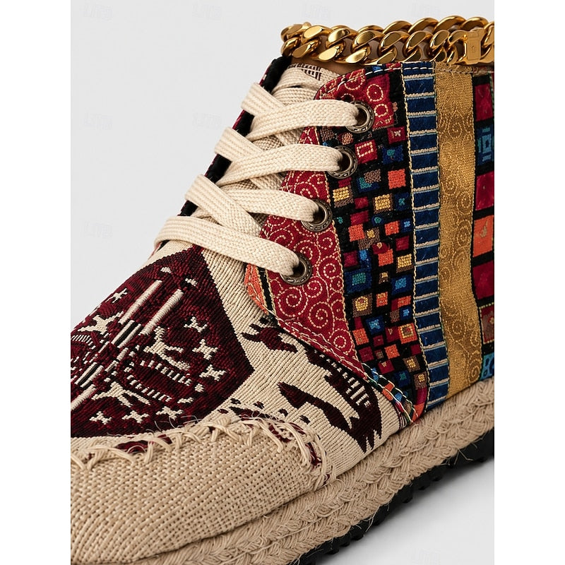 Red and Blue Bohemian Patterned High Top Lace Up Platform Trainers for Women