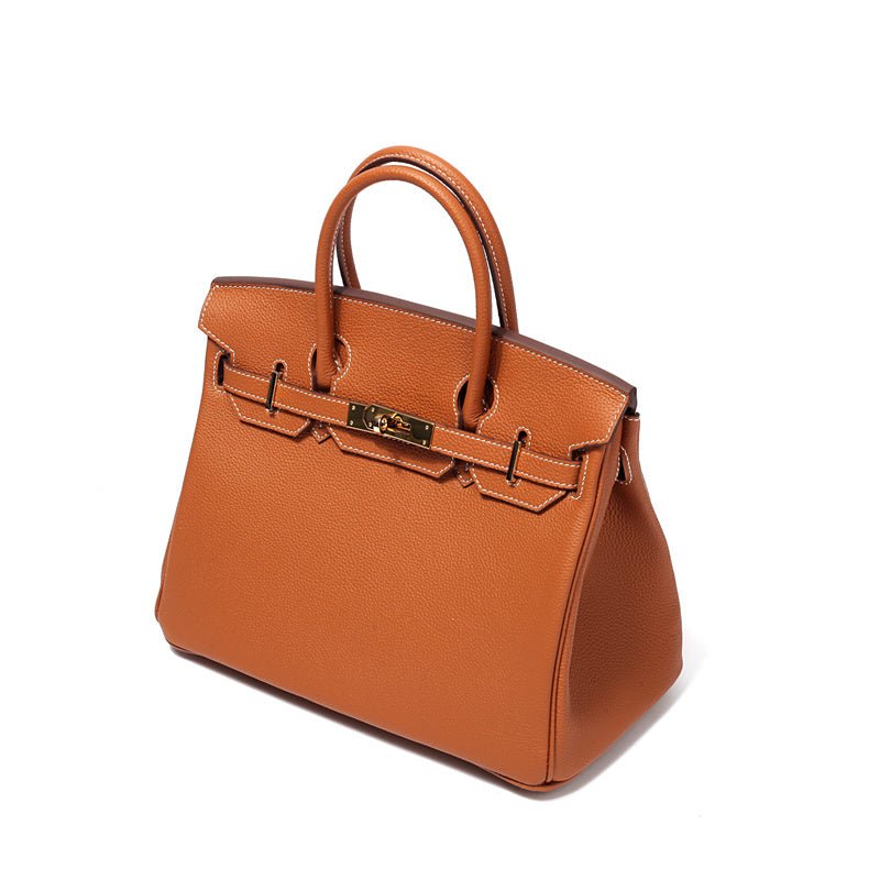 Genuine Leather Twist Lock Handbag with Gold Hardware and Pockets for Women
