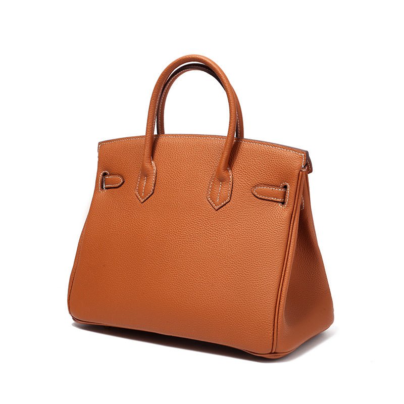 Genuine Leather Twist Lock Handbag with Gold Hardware and Pockets for Women