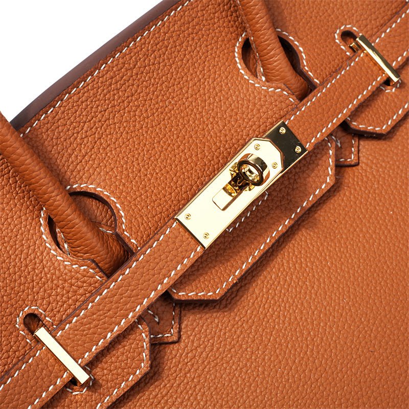 Genuine Leather Twist Lock Handbag with Gold Hardware and Pockets for Women