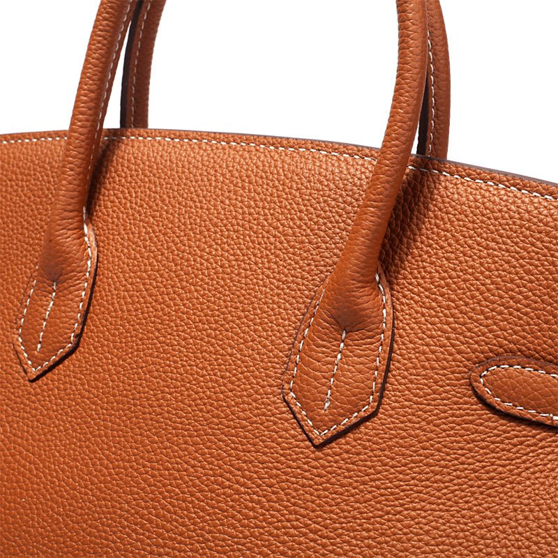 Genuine Leather Twist Lock Handbag with Gold Hardware and Pockets for Women