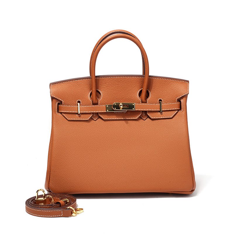 Genuine Leather Twist Lock Handbag with Gold Hardware and Pockets for Women