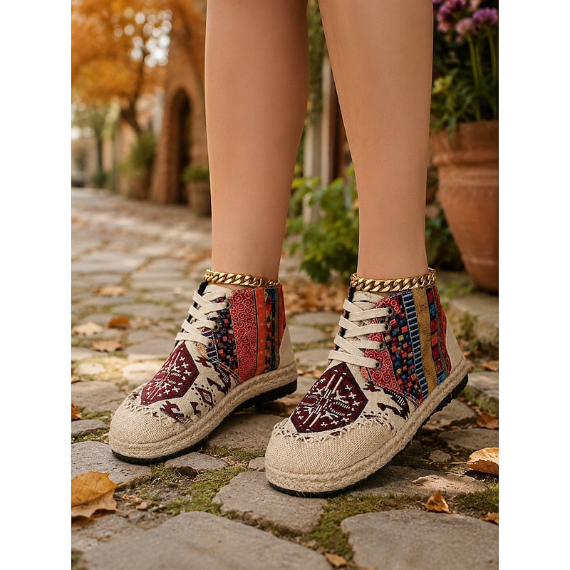 Red and Blue Bohemian Patterned High Top Lace Up Platform Trainers for Women