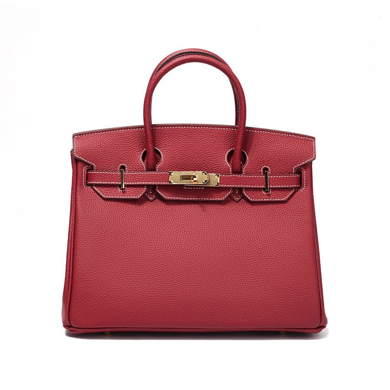 Genuine Leather Twist Lock Handbag with Gold Hardware and Pockets for Women