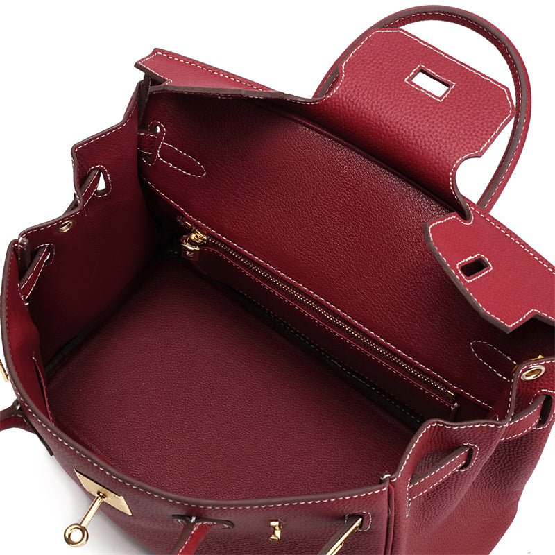 Genuine Leather Twist Lock Handbag with Gold Hardware and Pockets for Women