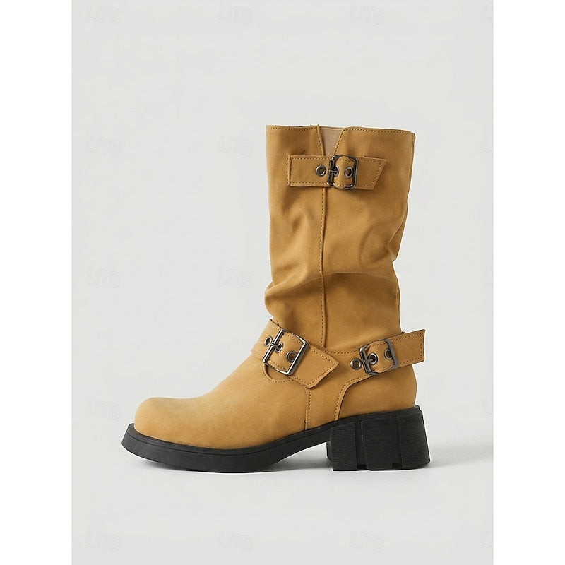 Chunky Sole Mid Calf Biker Boots with Buckle Detail and Block Heel for Women