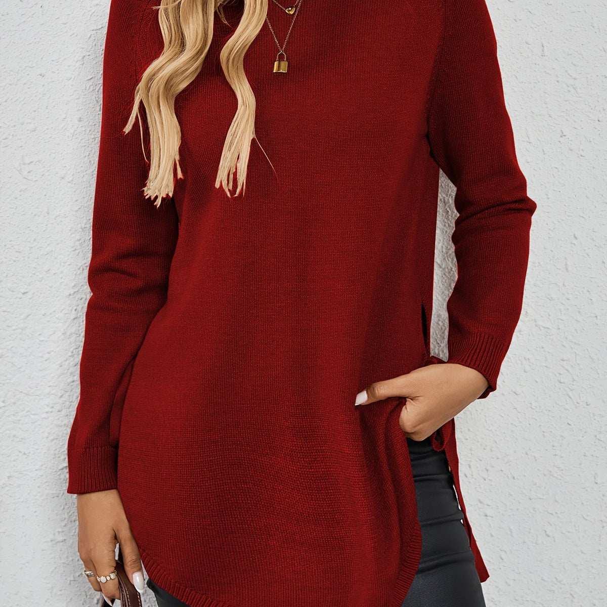 Knit Relaxed Fit Round Neck Longline Jumper with Side Slits for Women | Autumn
