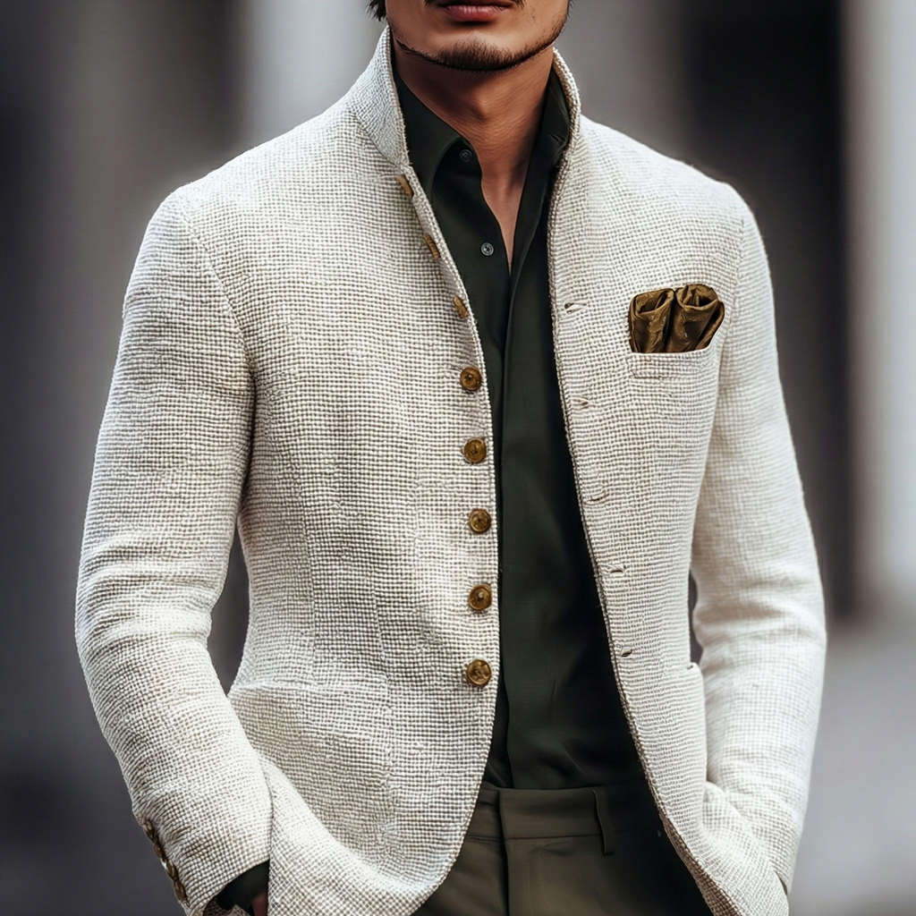 White Lightweight Textured Knit Stand Collar Single Breasted Cardigan for Men