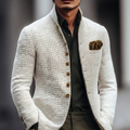 White Lightweight Textured Knit Stand Collar Single Breasted Cardigan for Men