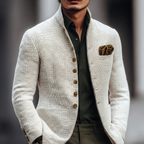 White Lightweight Textured Knit Stand Collar Single Breasted Cardigan for Men