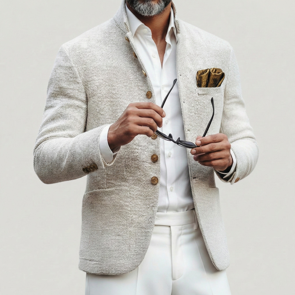 White Lightweight Textured Knit Stand Collar Single Breasted Cardigan for Men