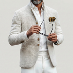 White Lightweight Textured Knit Stand Collar Single Breasted Cardigan for Men