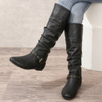 Flat Slouch Knee High Buckle Boots with Side Zip and Round Toe for Women