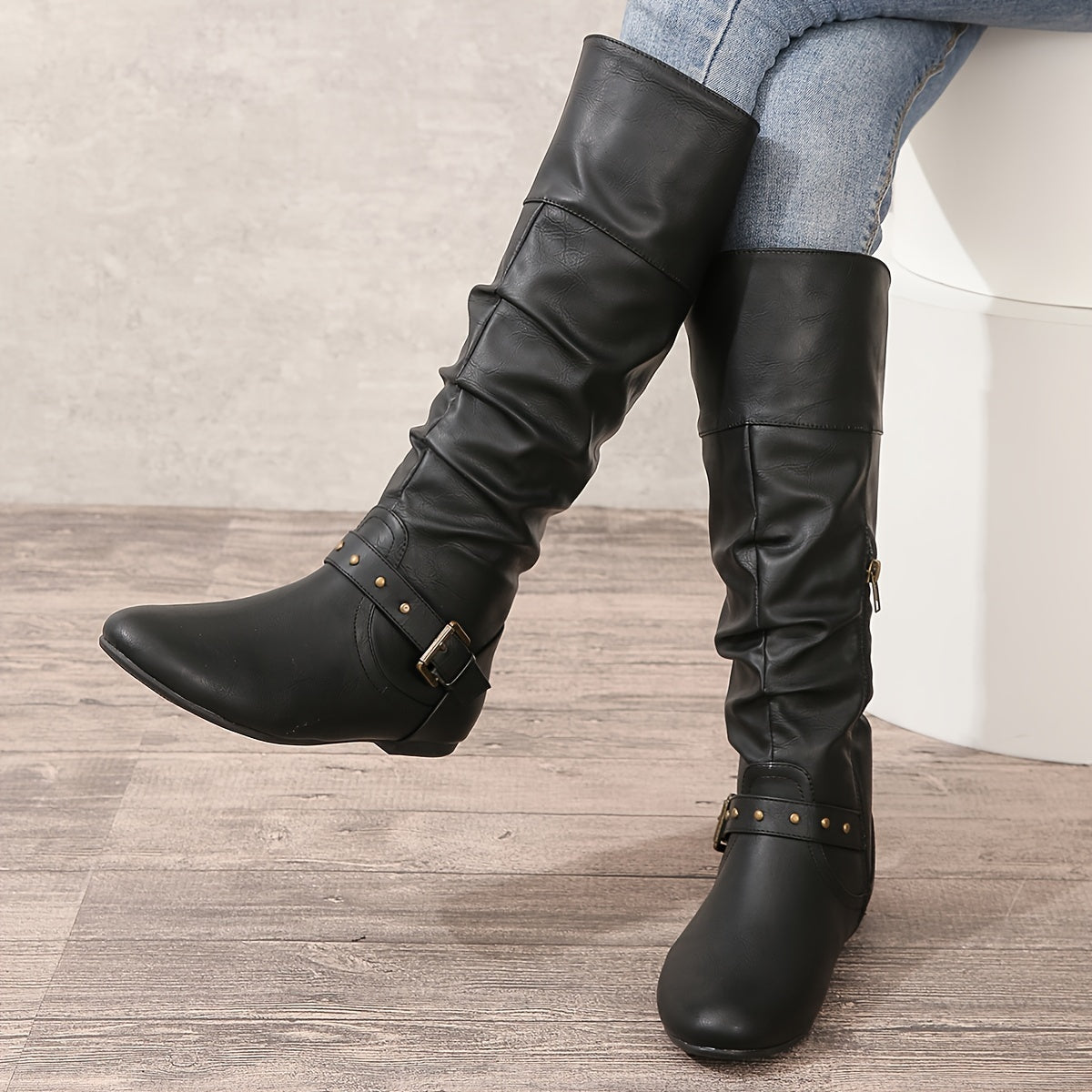 Flat Slouch Knee High Buckle Boots with Side Zip and Round Toe for Women