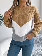Colour Block Cable Knit Round Neck Long Sleeve Jumper for Women | Autumn Winter