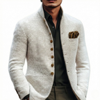 White Lightweight Textured Knit Stand Collar Single Breasted Cardigan for Men