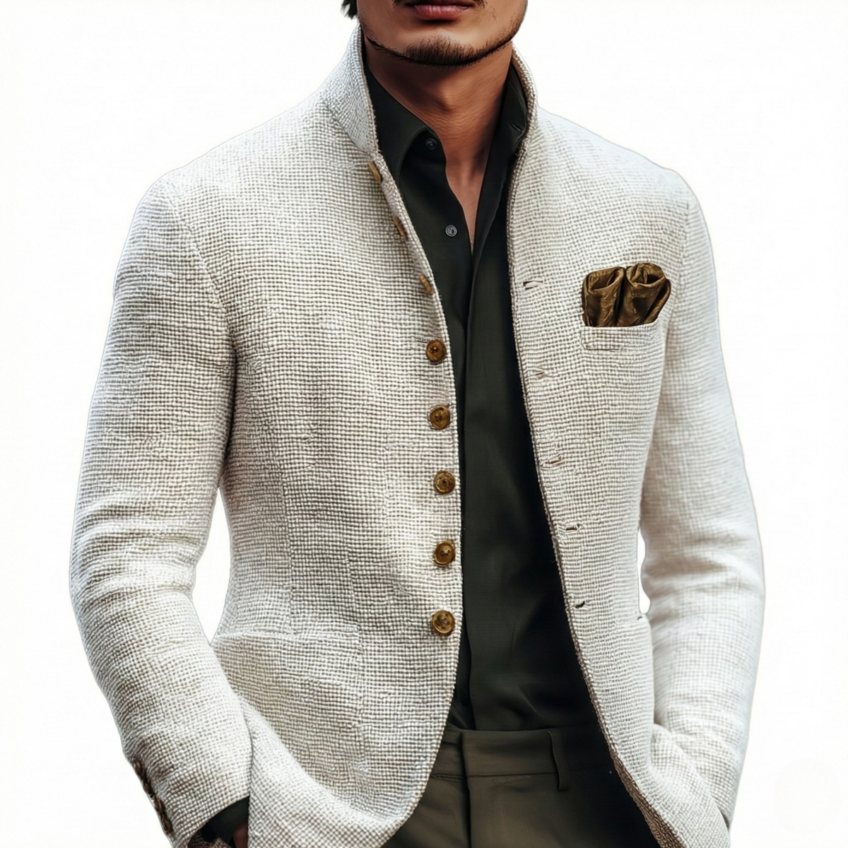 White Lightweight Textured Knit Stand Collar Single Breasted Cardigan for Men