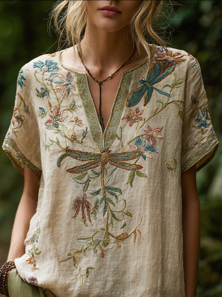 Beige Relaxed Round Neck Blouse for Women