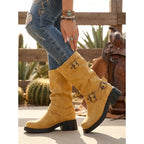 Chunky Sole Mid Calf Biker Boots with Buckle Detail and Block Heel for Women