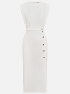 Round Neck Midi Dress with Button Slit Detail for Women