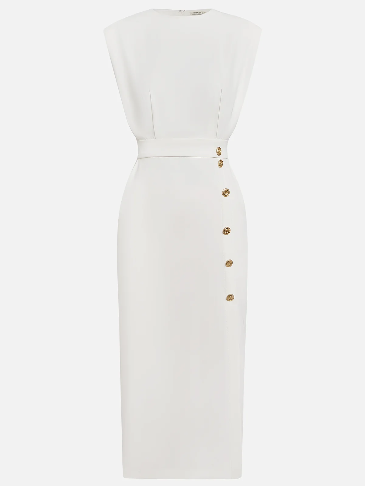 Round Neck Midi Dress with Button Slit Detail for Women