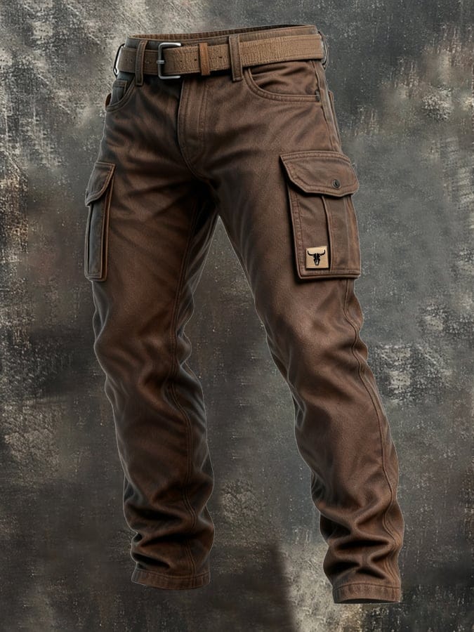 Brown Tapered Slim Fit Cargo Trousers with Flap Utility Pockets for Men