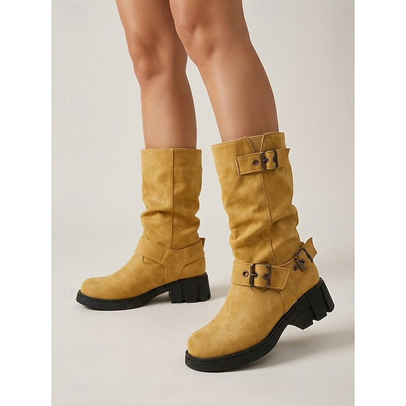 Chunky Sole Mid Calf Biker Boots with Buckle Detail and Block Heel for Women