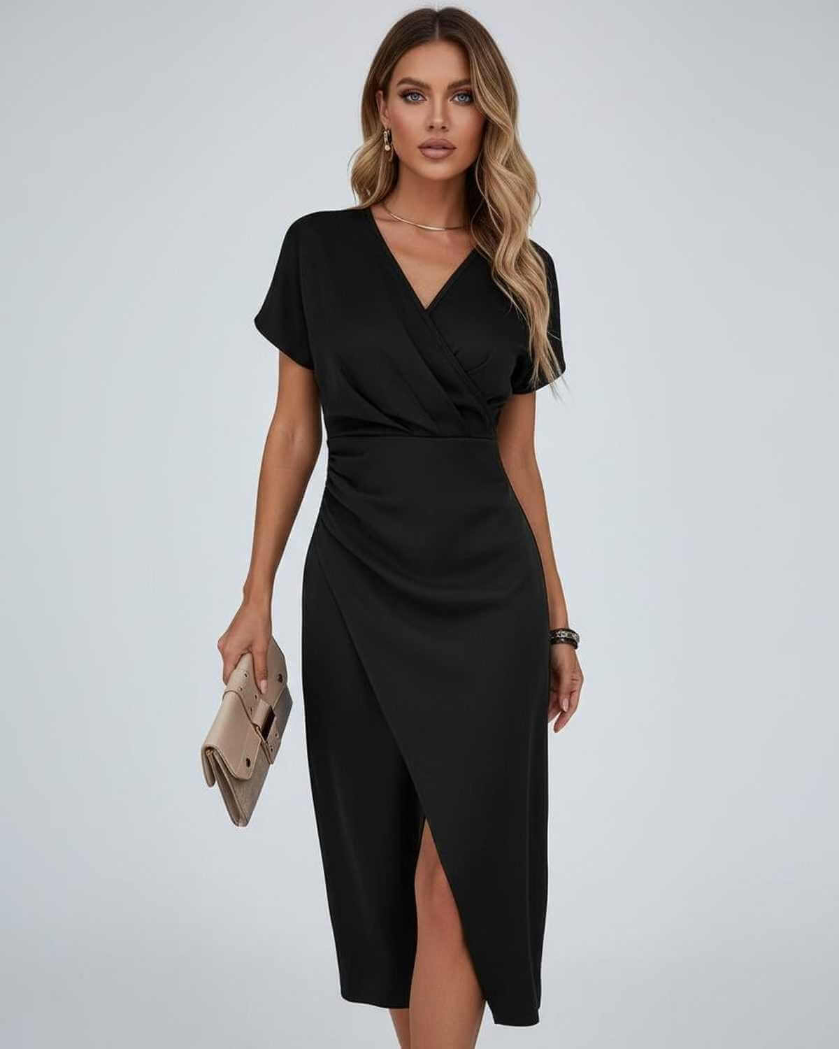Short Sleeve Wrap Midi Dress with Draped Waist and Split Hem for Women