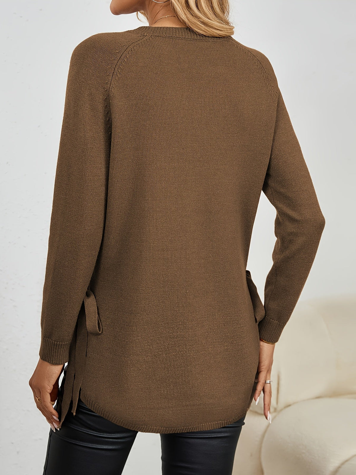 Knit Relaxed Fit Round Neck Longline Jumper with Side Slits for Women | Autumn
