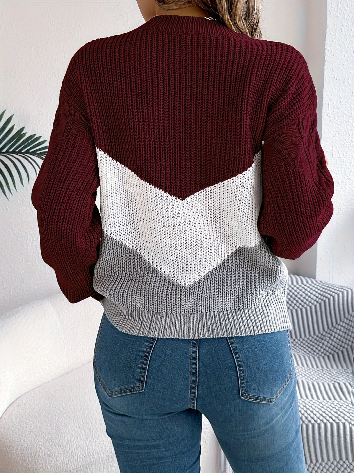Colour Block Cable Knit Round Neck Long Sleeve Jumper for Women | Autumn Winter