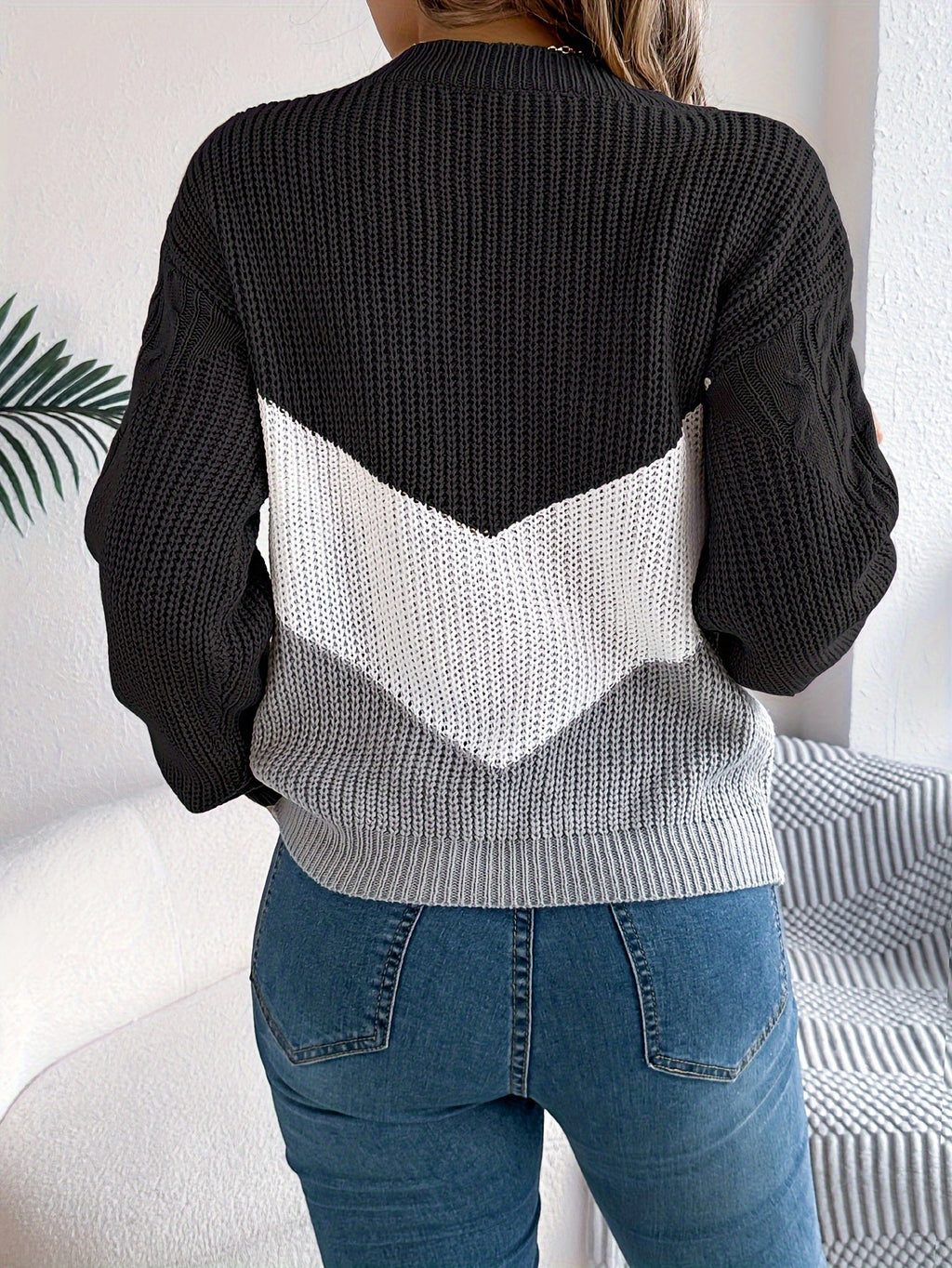 Colour Block Cable Knit Round Neck Long Sleeve Jumper for Women | Autumn Winter