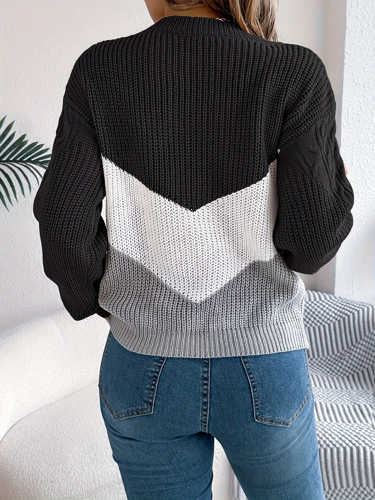 Colour Block Cable Knit Round Neck Long Sleeve Jumper for Women | Autumn Winter