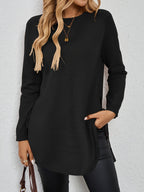Knit Relaxed Fit Round Neck Longline Jumper with Side Slits for Women | Autumn