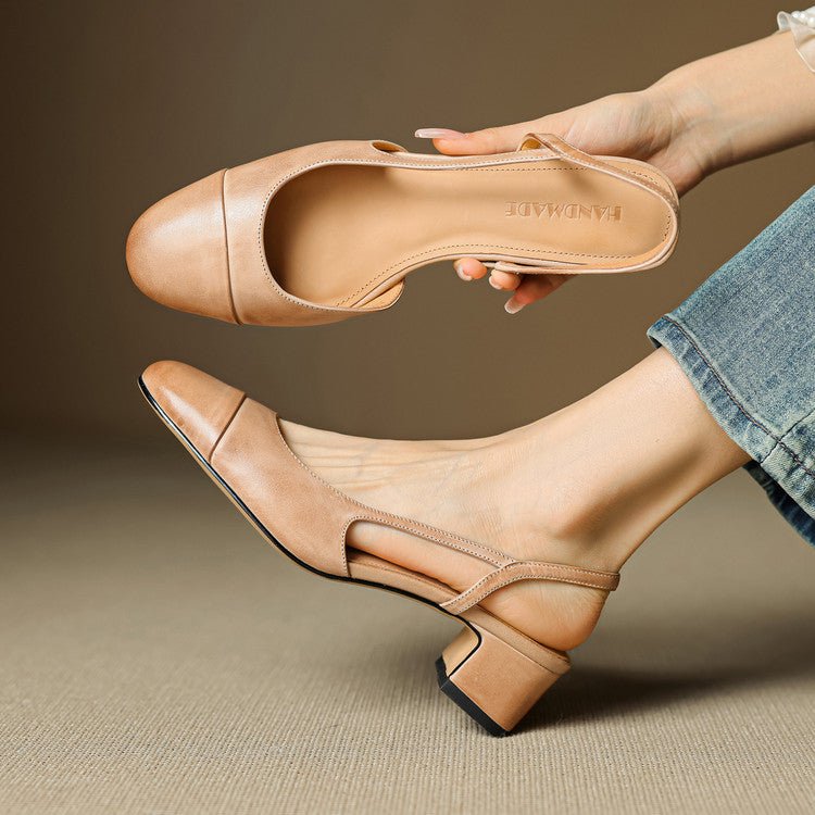 Leather Slingback Almond Toe Mid Block Heel Court Shoes for Women | Office Wear