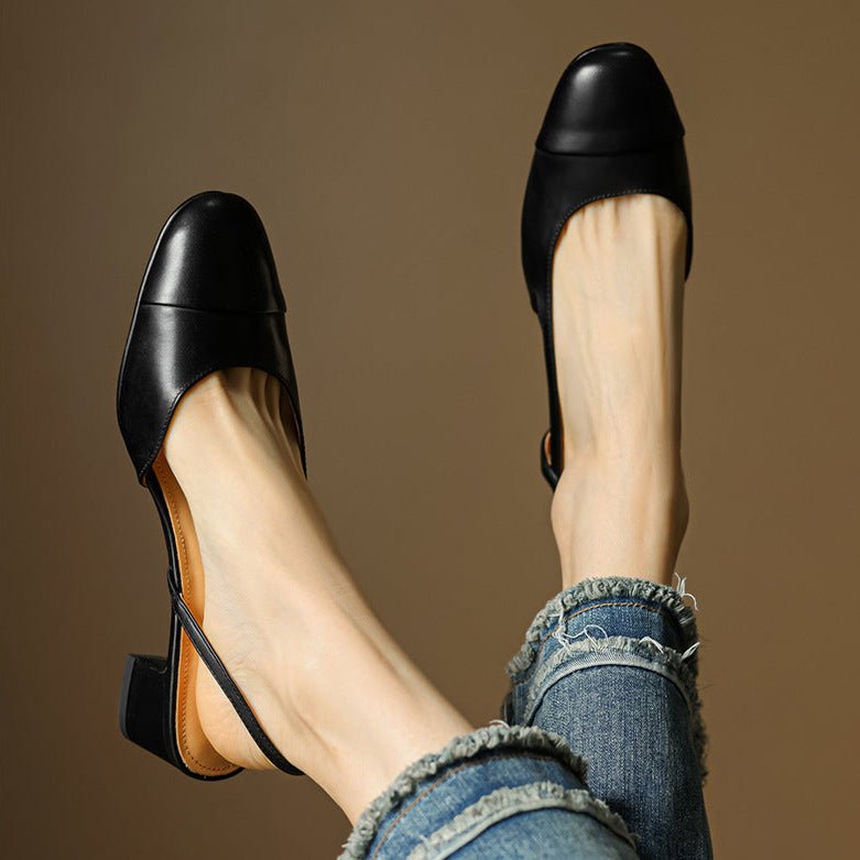 Leather Slingback Almond Toe Mid Block Heel Court Shoes for Women | Office Wear