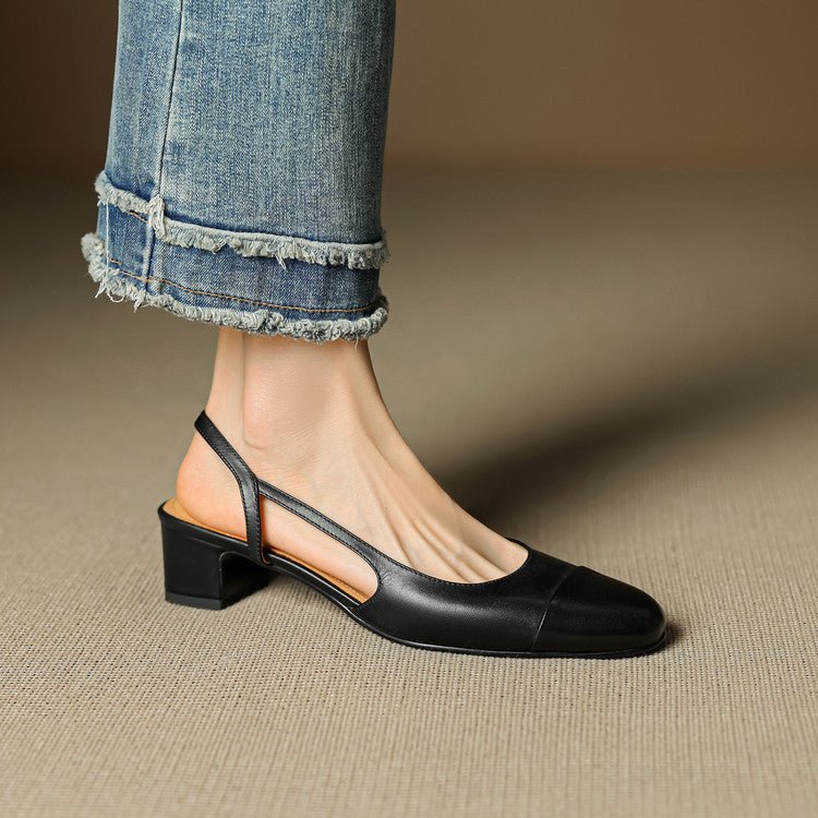 Leather Slingback Almond Toe Mid Block Heel Court Shoes for Women | Office Wear