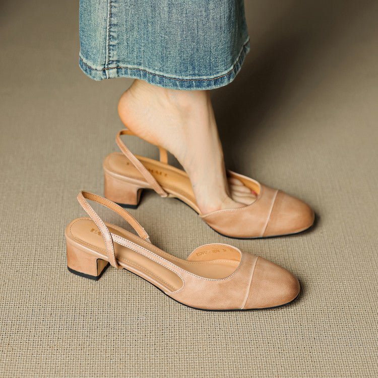 Leather Slingback Almond Toe Mid Block Heel Court Shoes for Women | Office Wear