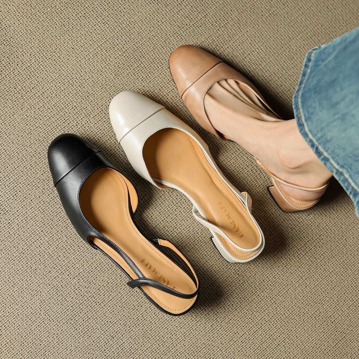 Leather Slingback Almond Toe Mid Block Heel Court Shoes for Women | Office Wear