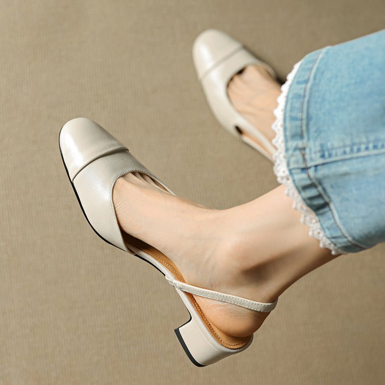 Leather Slingback Almond Toe Mid Block Heel Court Shoes for Women | Office Wear