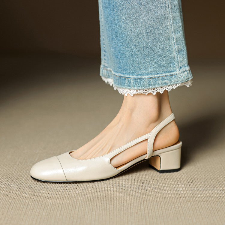 Leather Slingback Almond Toe Mid Block Heel Court Shoes for Women | Office Wear
