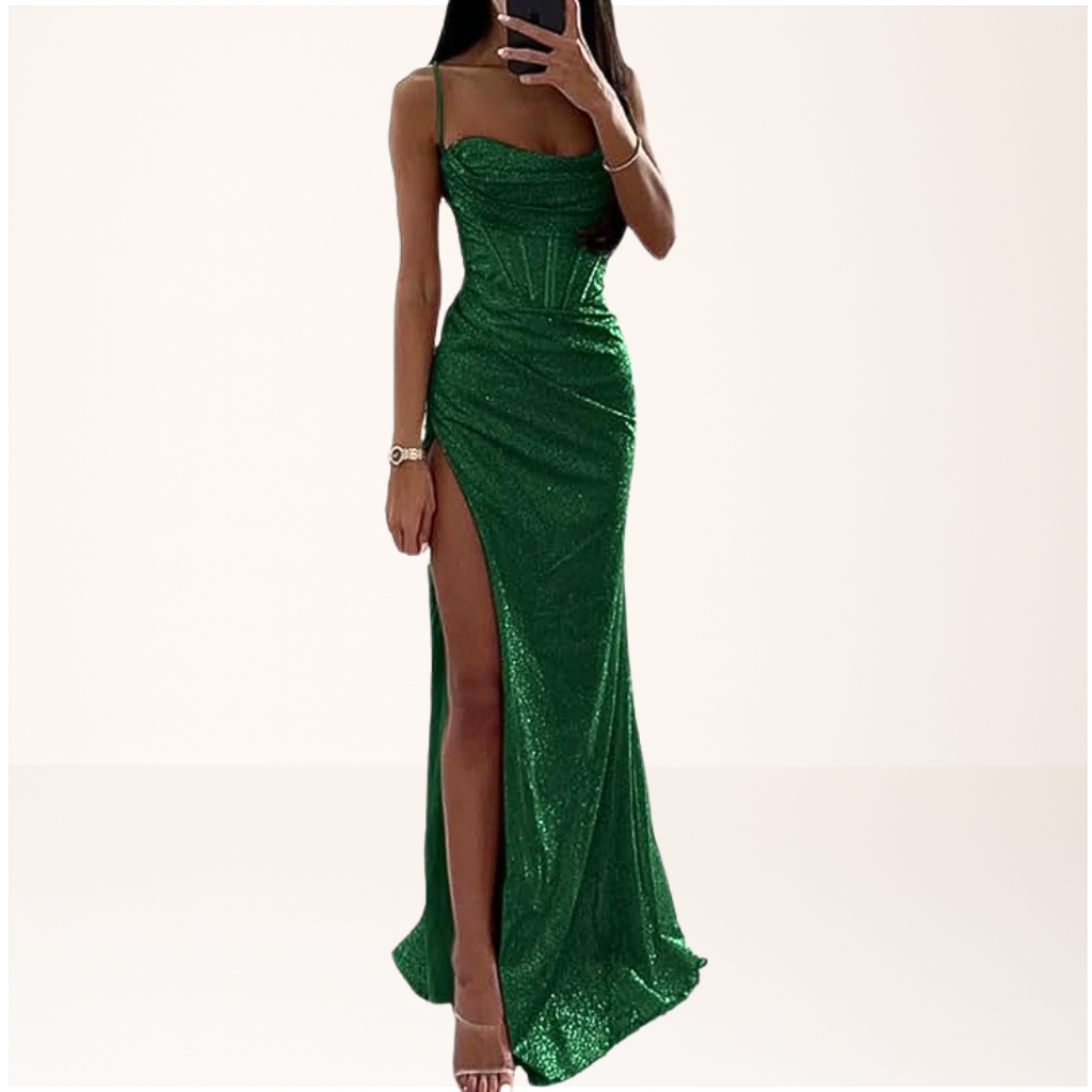 Women Dress | Sequin Maxi with Corset Bodice and High Slit