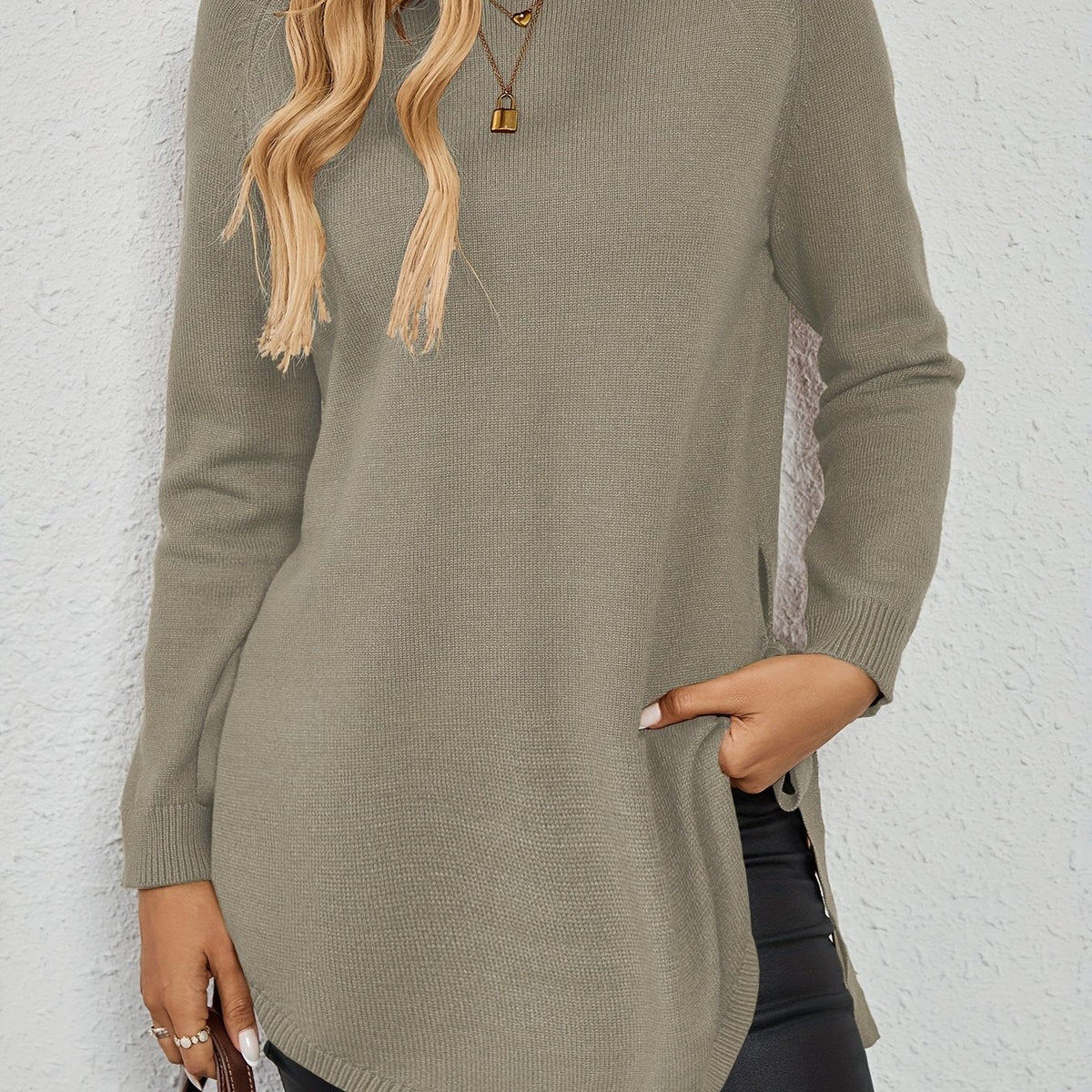 Knit Relaxed Fit Round Neck Longline Jumper with Side Slits for Women | Autumn