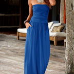 Strapless Bandeau Midi Dress with Waist-Cinching and Double Pockets for Women