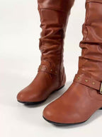 Flat Slouch Knee High Buckle Boots with Side Zip and Round Toe for Women