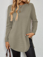 Knit Relaxed Fit Round Neck Longline Jumper with Side Slits for Women | Autumn