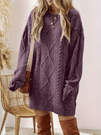 Diamond Cable Knit Round Neck Relaxed Fit Jumper Dress for Women | Autumn Winter