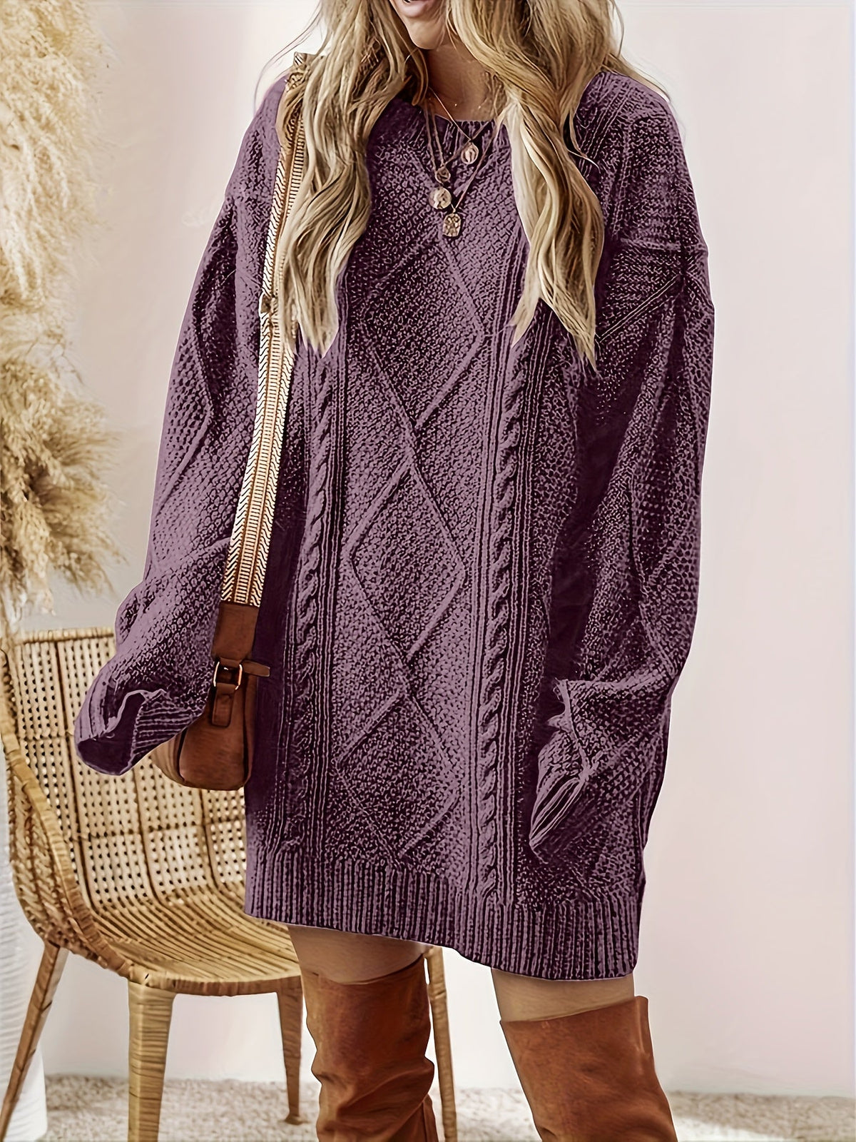 Diamond Cable Knit Round Neck Relaxed Fit Jumper Dress for Women | Autumn Winter