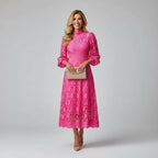 Long Sleeve High Neck Lace Midi Dress for Women | Wedding Guest